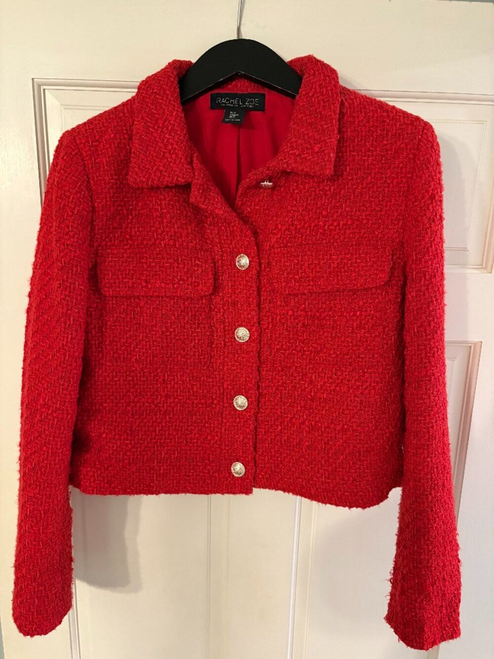 Rachel Zoe Red Tweed Cropped Lady Jacket Gold Buttons | Size M
